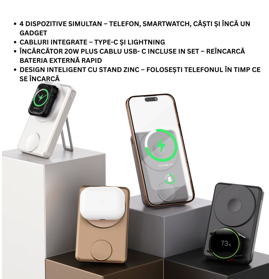 Baterie Externa Das Schaf™ 10000 mAh – Fast-Charge PD 22.5W cu Incarcare Bidirectionala Rapida, Wireless Magnetic 15W (fara cablu), Cabluri USB-C & Lightning integrate, Stand Pliabil, Finisaje ABS+Aluminiu, INCLUDE Incarcator 20W + Cablu 1m + Etui