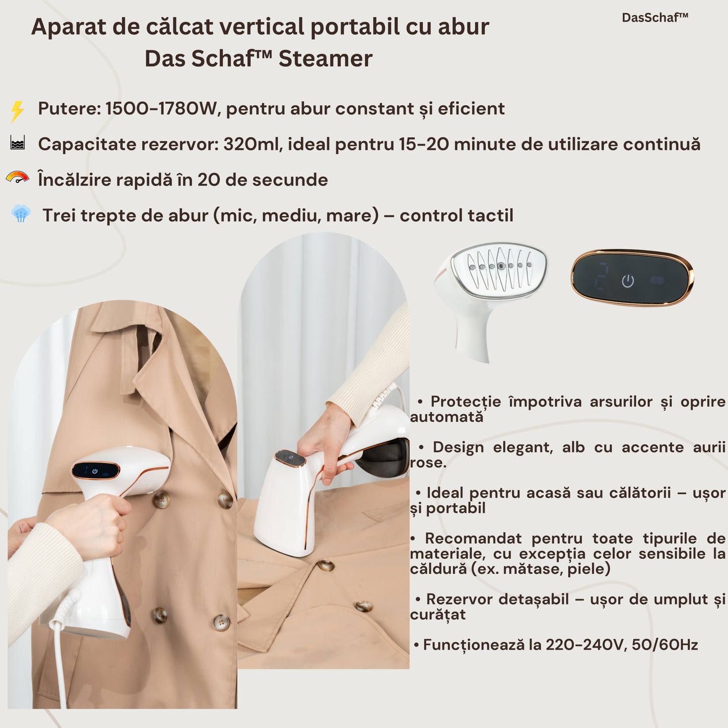 Aparat de călcat vertical portabil cu abur Das Schaf™ Steamer 1780W -  include perie electrică 3-în-1, bile de lână naturale, mănușă termorezistentă