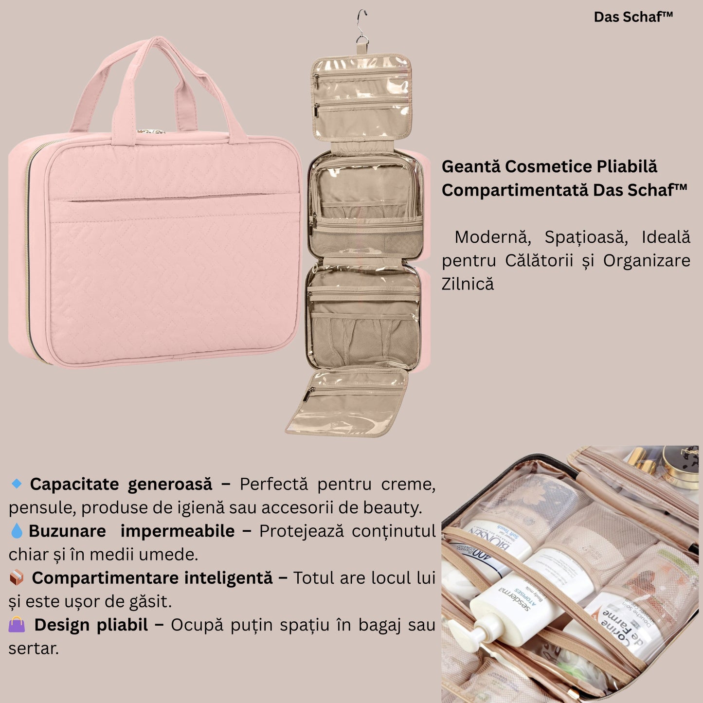 Geantă de cosmetice pliabilă Das Schaf™ - include perie facială din silicon, toc pensule si tăviță organizatoare