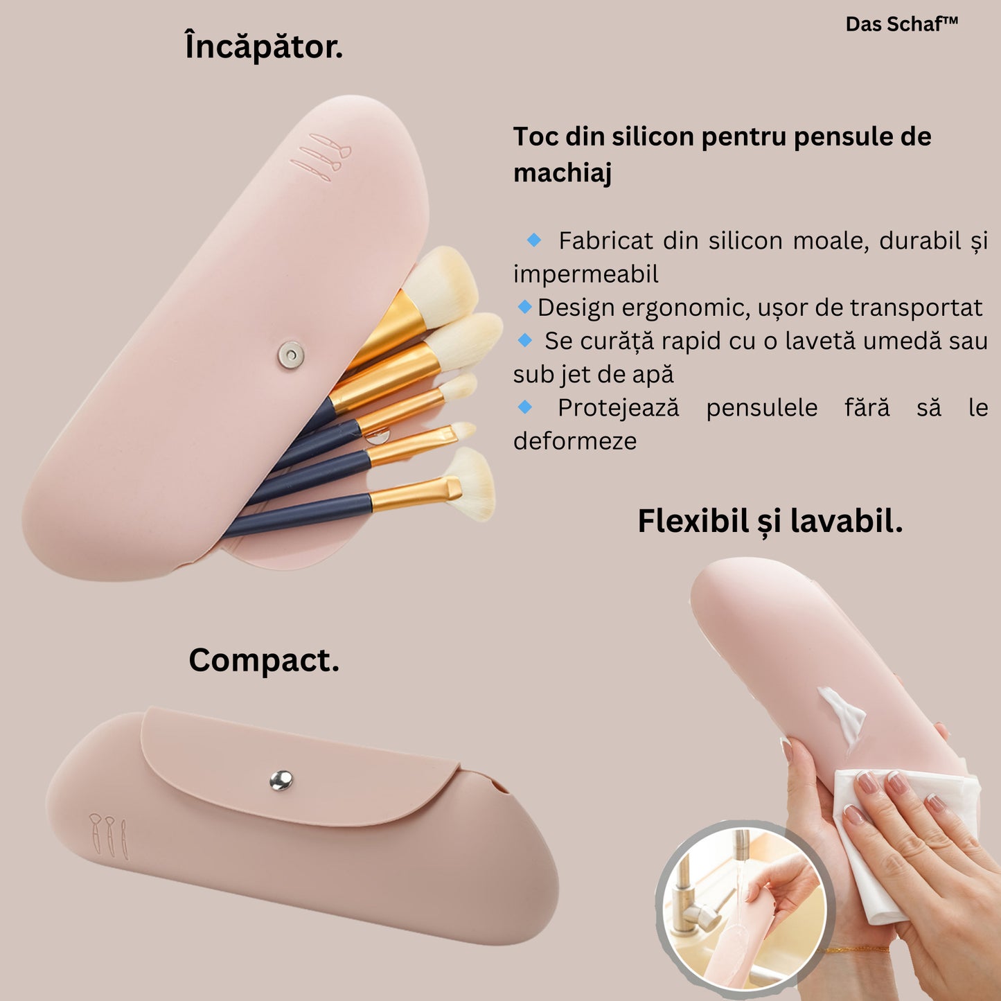 Geantă de cosmetice pliabilă Das Schaf™ - include perie facială din silicon, toc pensule si tăviță organizatoare