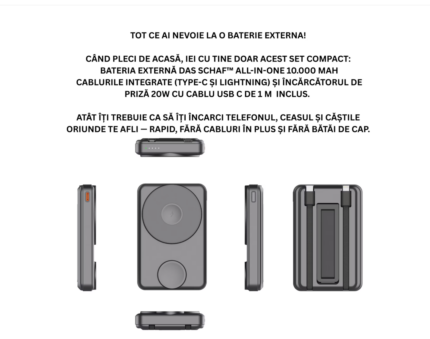 Baterie Externa Das Schaf™ 10000 mAh – Fast-Charge PD 22.5W cu Incarcare Bidirectionala Rapida, Wireless Magnetic 15W (fara cablu), Cabluri USB-C & Lightning integrate, Stand Pliabil, Finisaje ABS+Aluminiu, INCLUDE Incarcator 20W + Cablu 1m + Etui