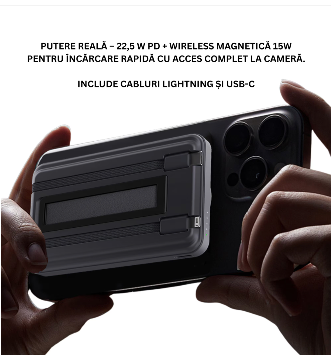 Baterie Externa Das Schaf™ 10000 mAh – Fast-Charge PD 22.5W cu Incarcare Bidirectionala Rapida, Wireless Magnetic 15W (fara cablu), Cabluri USB-C & Lightning integrate, Stand Pliabil, Finisaje ABS+Aluminiu, INCLUDE Incarcator 20W + Cablu 1m + Etui