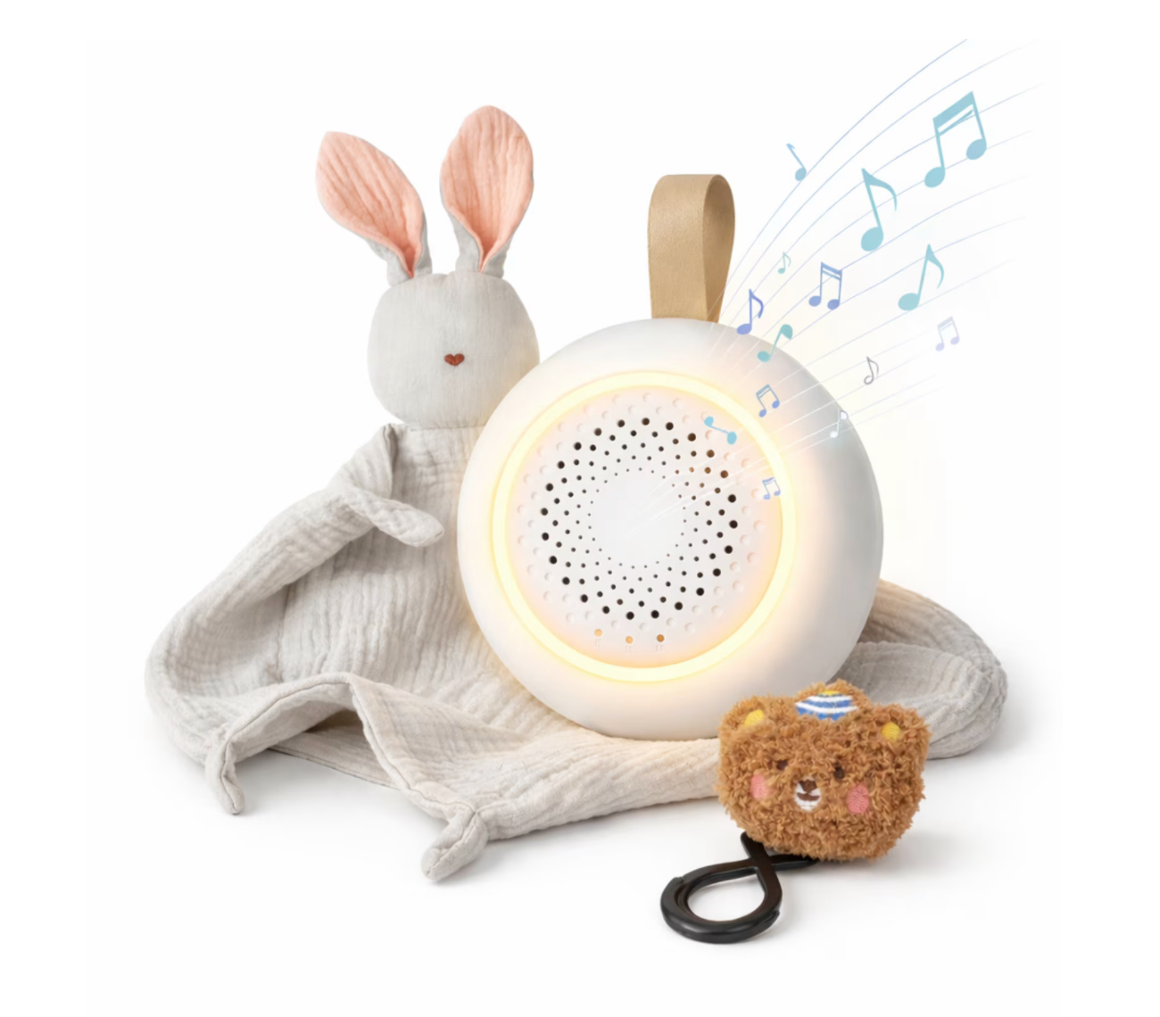 Dispozitiv si Aparat Sunete Albe Das Schaf™, 24 Sunete, Detectare automata a zgomotului si reactivare automata, Lumina veghe calda, Timer 3 trepte, Incarcare USB-C, Set cu jucarie si clema pentru carucior, Alb, Ideal pentru cadou