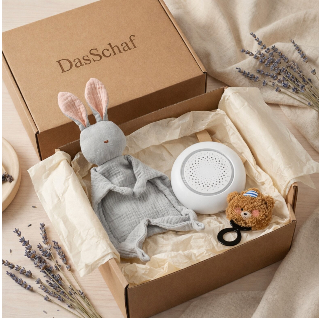 Dispozitiv si Aparat Sunete Albe Das Schaf™, 24 Sunete, Detectare automata a zgomotului si reactivare automata, Lumina veghe calda, Timer 3 trepte, Incarcare USB-C, Set cu jucarie si clema pentru carucior, Alb, Ideal pentru cadou