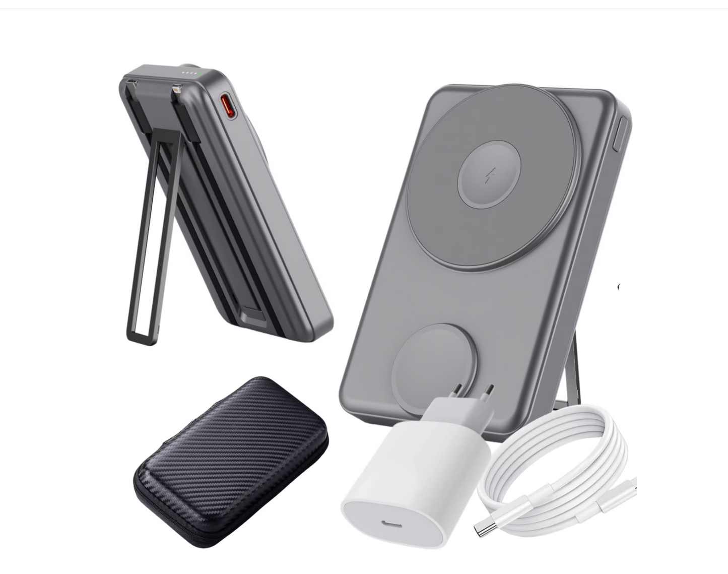 Baterie Externa Das Schaf™ 10000 mAh – Fast-Charge PD 22.5W cu Incarcare Bidirectionala Rapida, Wireless Magnetic 15W (fara cablu), Cabluri USB-C & Lightning integrate, Stand Pliabil, Finisaje ABS+Aluminiu, INCLUDE Incarcator 20W + Cablu 1m + Etui