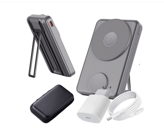 Baterie Externa Das Schaf™ 10000 mAh – Fast-Charge PD 22.5W cu Incarcare Bidirectionala Rapida, Wireless Magnetic 15W (fara cablu), Cabluri USB-C & Lightning integrate, Stand Pliabil, Finisaje ABS+Aluminiu, INCLUDE Incarcator 20W + Cablu 1m + Etui