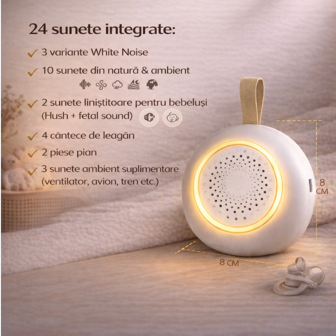 Dispozitiv si Aparat Sunete Albe Das Schaf™, 24 Sunete, Detectare automata a zgomotului si reactivare automata, Lumina veghe calda, Timer 3 trepte, Incarcare USB-C, Set cu jucarie si clema pentru carucior, Alb, Ideal pentru cadou