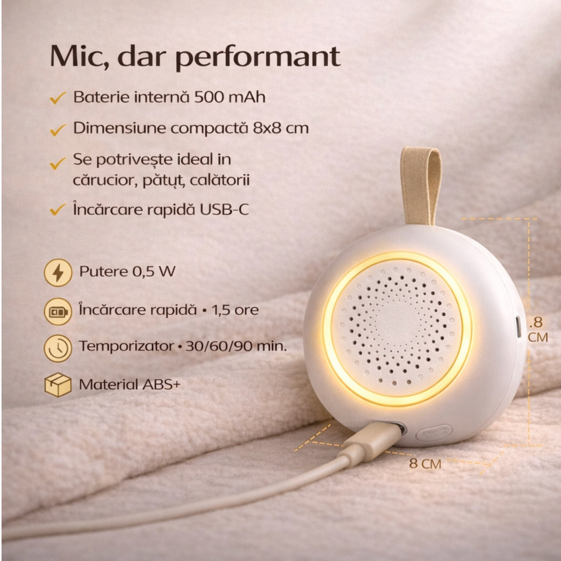 Dispozitiv si Aparat Sunete Albe Das Schaf™, 24 Sunete, Detectare automata a zgomotului si reactivare automata, Lumina veghe calda, Timer 3 trepte, Incarcare USB-C, Set cu jucarie si clema pentru carucior, Alb, Ideal pentru cadou