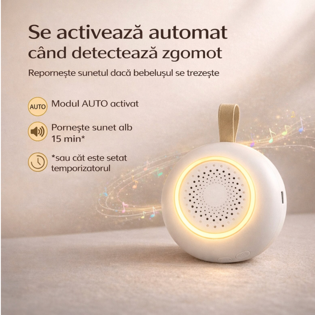 Dispozitiv si Aparat Sunete Albe Das Schaf™, 24 Sunete, Detectare automata a zgomotului si reactivare automata, Lumina veghe calda, Timer 3 trepte, Incarcare USB-C, Set cu jucarie si clema pentru carucior, Alb, Ideal pentru cadou