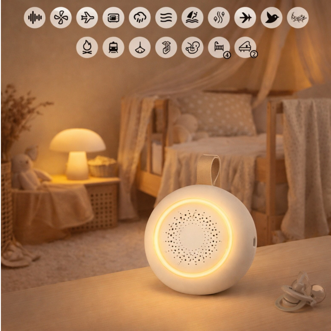 Dispozitiv si Aparat Sunete Albe Das Schaf™, 24 Sunete, Detectare automata a zgomotului si reactivare automata, Lumina veghe calda, Timer 3 trepte, Incarcare USB-C, Set cu jucarie si clema pentru carucior, Alb, Ideal pentru cadou