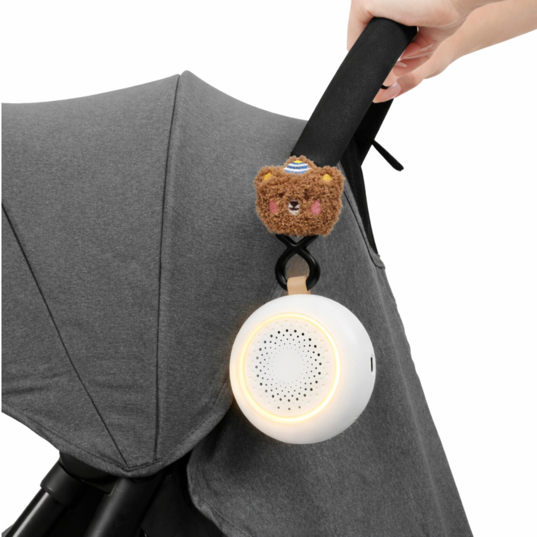 Dispozitiv si Aparat Sunete Albe Das Schaf™, 24 Sunete, Detectare automata a zgomotului si reactivare automata, Lumina veghe calda, Timer 3 trepte, Incarcare USB-C, Set cu jucarie si clema pentru carucior, Alb, Ideal pentru cadou